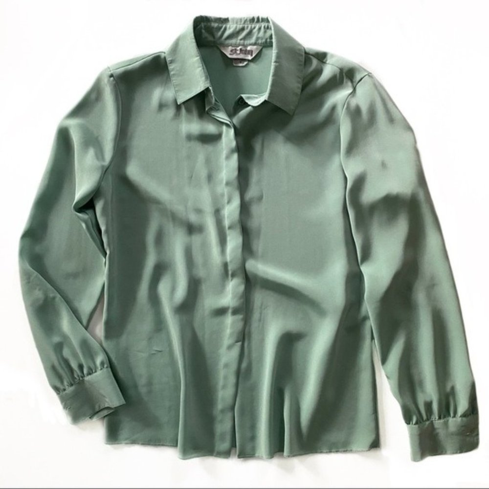 St. John Green Polyester Button Down Blouse - image 1